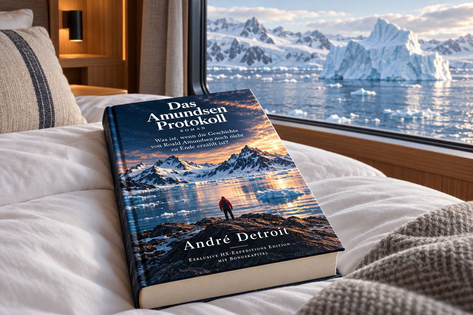 Hardcover von André Detroit auf einem Kabinenbett mit Eisberg vor dem Fenster